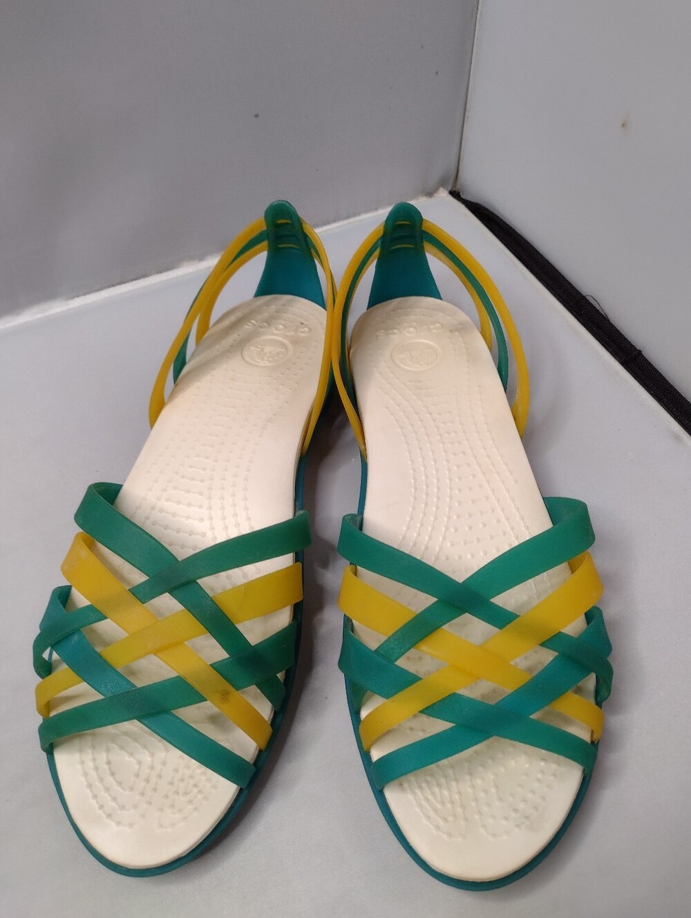 Crocs Isabella Huarache Strappy Sandal Green Yellow Jelly Comfort Women's 8 CC